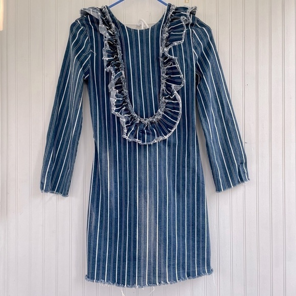 ZARA Denim Blue and White Long Sleeve Frills and Ruffles Shift Dress Size Small - Picture 3 of 10